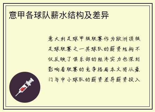 意甲各球队薪水结构及差异